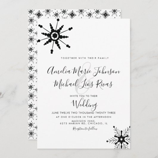 Elegant Script Black Snowflakes kerstbruiloft Kaart (Voorkant / Achterkant)
