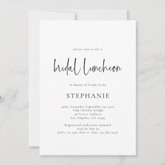 Elegant Script Black White Bridal Luncheon Shower Kaart (Voorkant)