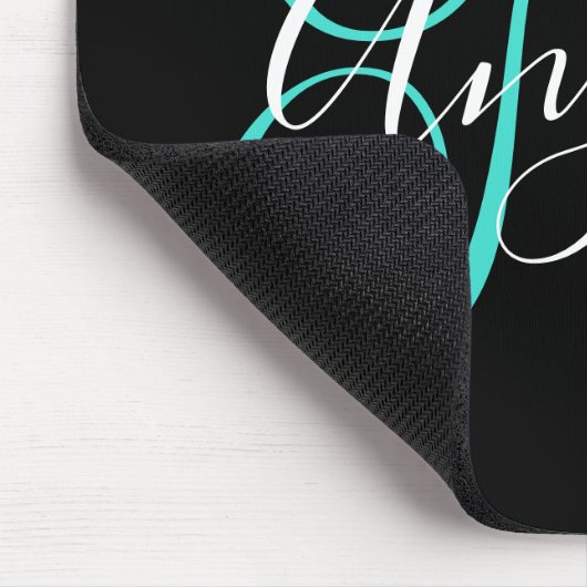 Elegant Script Black White en Turquoise Monogram Muismat (Hoek)