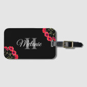 Elegant Script Black White Girly Floral Monogram Bagagelabel (Voorkant (horizontaal))