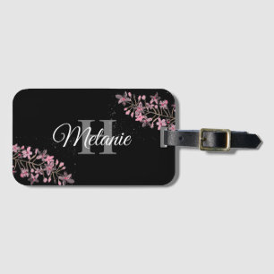 Elegant Script Black White Girly Floral Monogram Bagagelabel