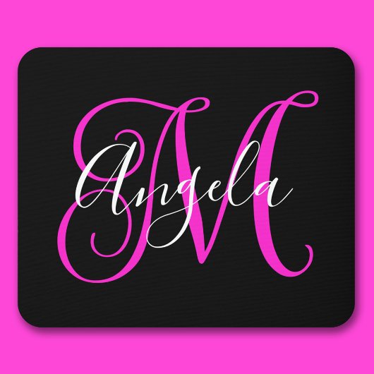 Elegant Script Black White Hot Magenta Monogram Muismat