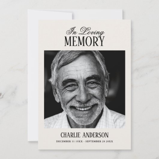 Elegant Script Black & White Photo Funeral Kaart (Voorkant)