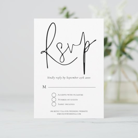 Elegant Script Black White Wedding RSVP Kaartje (Staand voorkant)