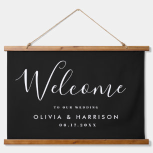 Elegant Script Black White Weduwen Welkom Hangend Wandkleed