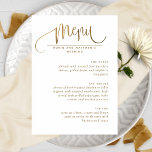 Élégant script, blanc et Mariage or menu<br><div class="desc">Joli menu blanc et or avec des détails de calligraphie manuscrits modernes et l'utilisation de la typographie par blocs. Elégant, propre et simple, design contemporain. Possibilité d'ajouter vos propres détails de menu. Si nécessaire, vous pouvez ajuster l'espace, la taille ou le style de texte en sélectionnant personnaliser plus loin. Retour...</div>