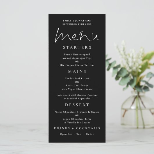 Élégant Script blanc Mariage noir menu (Debout devant)