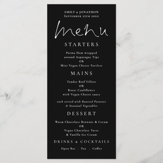 Élégant Script blanc Mariage noir menu (Devant)