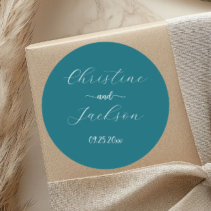 Elegant Script Blauw Blauwgroen bruiloft Ronde Sticker