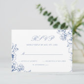 Elegant Script  Blauw Bloementuin Bruiloft RSVP Kaartje (Staand voorkant)