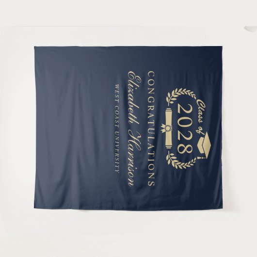 Elegant Script Blauw Goud Afstudeerfeest Welkom Wandkleed (Voorkant (horizontaal))