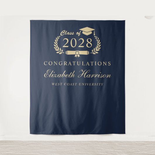 Elegant Script Blauw Goud Afstudeerfeest Welkom Wandkleed (Voorkant)
