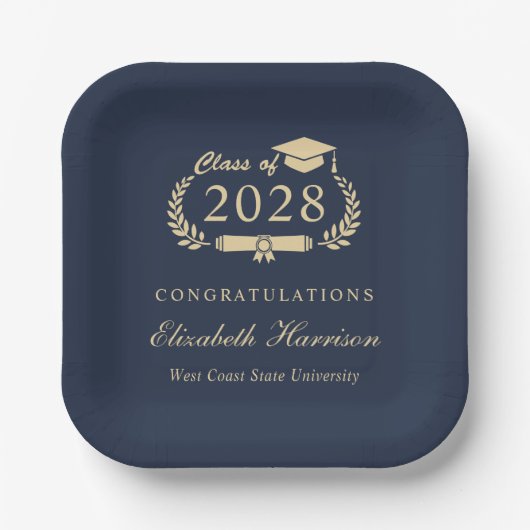 Elegant Script Blauw Goud Afstuderen Papieren Bordje (Voorkant)