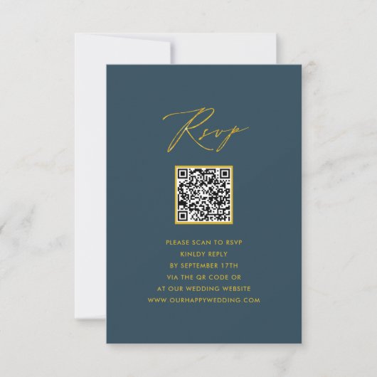 Elegant Script Blauw Minimalistisch QR Bruiloft RS RSVP Kaartje (Voorkant)