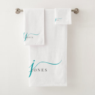 Elegant Script Blauwgroen Monogram Initialen Naam Bad Handdoek