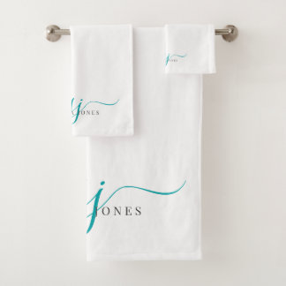 Elegant Script Blauwgroen Monogram Initialen Naam Bad Handdoek