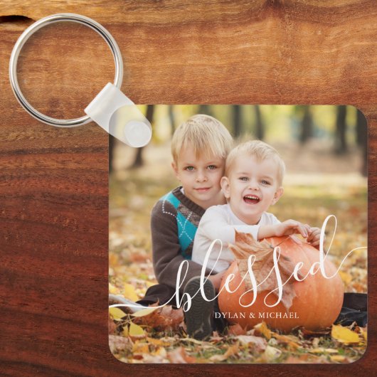 Elegant script "Blessed" aangepaste foto Sleutelhanger (Voorkant)