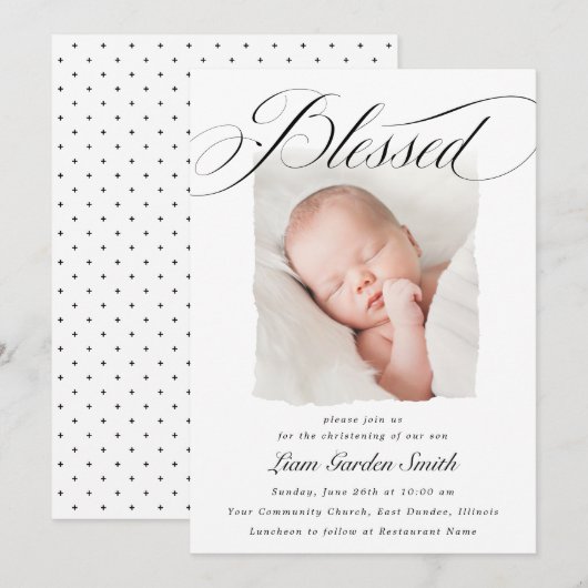 Elegant Script Blessed Christening Baptism Foto I Kaart (Voorkant / Achterkant)