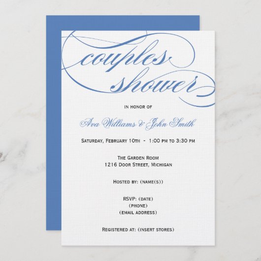 Elégant Script Bleu Couples Invitation Douche (Devant / Derrière)