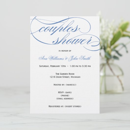 Elégant Script Bleu Couples Invitation Douche (Debout devant)