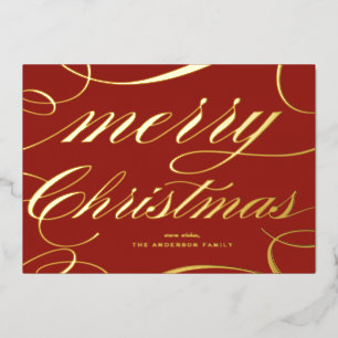 Elegant script bloeien rode vrolijke kerst folie feestdagenkaart