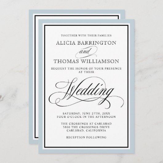 Elegant script bloeit met Dusty Blue Border Kaart (Voorkant / Achterkant)