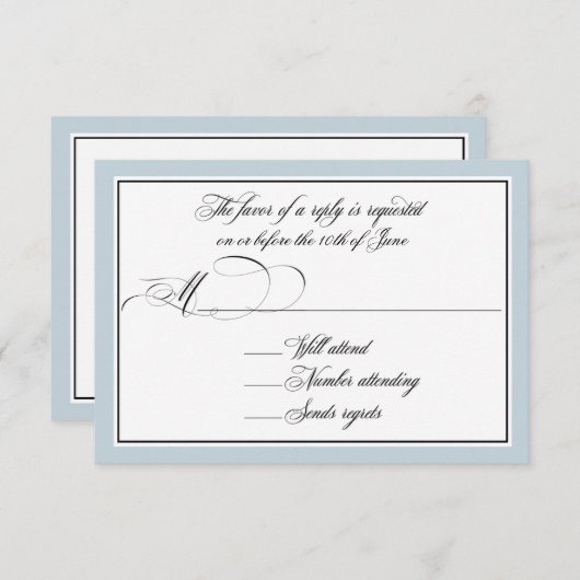 Elegant script bloeit met Dusty Blue Border RSVP Kaartje (Voorkant / Achterkant)