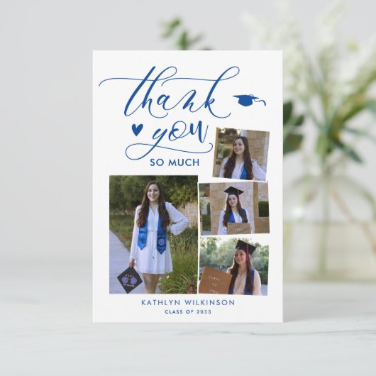 Elegant Script Blue 4 Photo College Graduing Bedankkaart (Staand voorkant)
