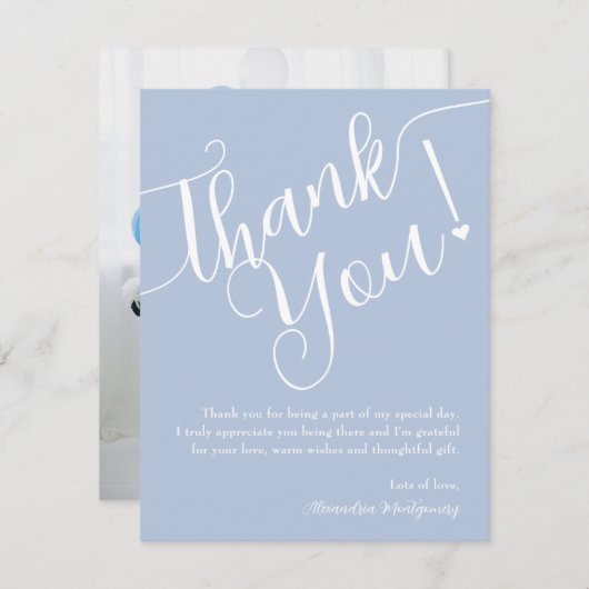 Elegant Script Blue Boy Baby shower Foto Bedankkaart (Voorkant / Achterkant)