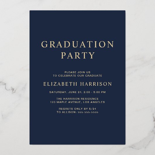 Elegant Script Blue College Graduparty Folie Uitnodiging (Achterkant)