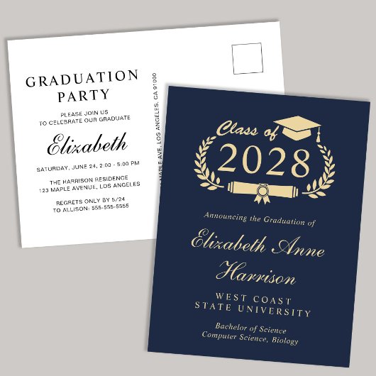 Elegant Script Blue Gold College Afstudeerfeest Uitnodiging Briefkaart