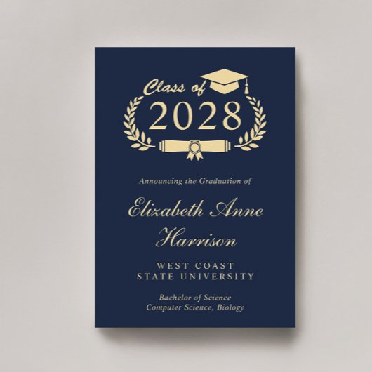 Elegant Script Blue Gold College Afstuderen Aankondiging
