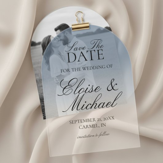 Elegant script Blue Gradient Wedding Save the Date Acryl Uitnodigingen