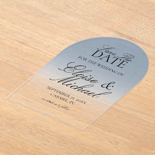 Elegant script Blue Gradient Wedding Save the Date Acryl Uitnodigingen (Laagn)