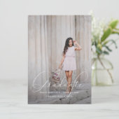 Elegant Script Blue Grey Photo Graduparty Kaart (Staand voorkant)