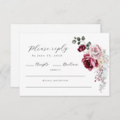 Elegant Script Blush & Bourgondië Floral QR-code RSVP Kaartje (Voorkant / Achterkant)