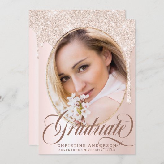 Elegant Script Blush Glitter Foto 2025 Afstuderen Aankondiging (Voorkant / Achterkant)