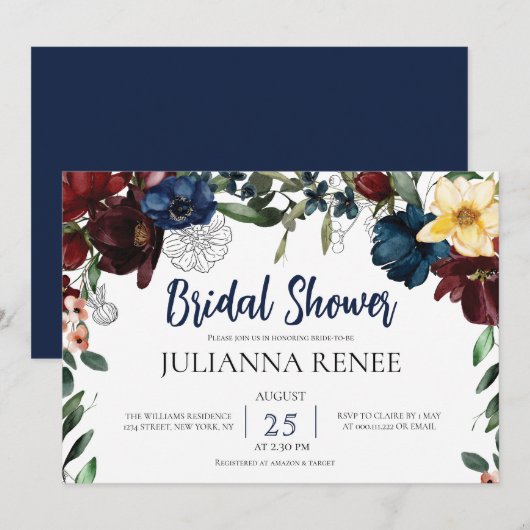 Elegant Script Blush Navy Bloemen Vrijgezellenfees Kaart (Voorkant / Achterkant)