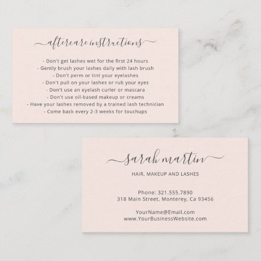 Elegant Script Blush Pink Lash Aftercare Lashes Visitekaartje (Voorkant / Achterkant)