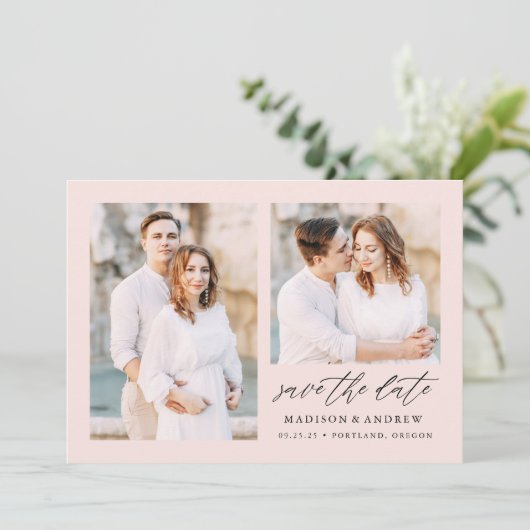 Elegant Script Blush Roze 2 Foto Save The Date (Staand voorkant)