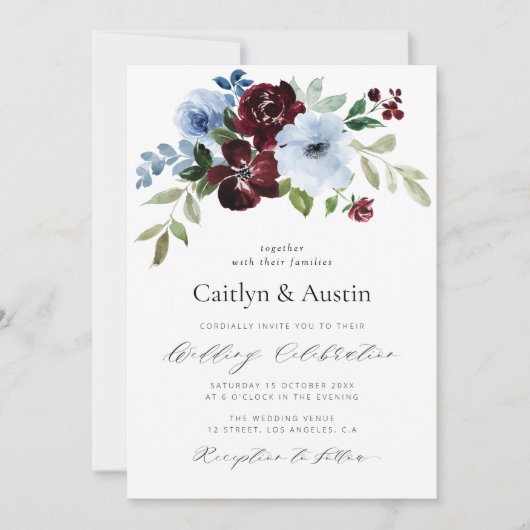 elegant script bogundy dusty blue floral bruiloft kaart (Voorkant)