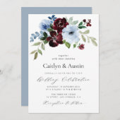 elegant script bogundy dusty blue floral bruiloft kaart (Voorkant / Achterkant)