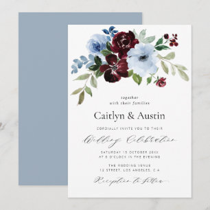 elegant script bogundy dusty blue floral bruiloft kaart