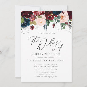 elegant script bogundy navy bruiloft kaart