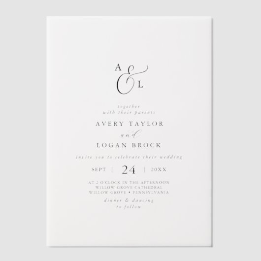 Elegant Script Boho Eenvoudig Monogram Moderne bru Vellum Uitnodigingen (Voorkant)