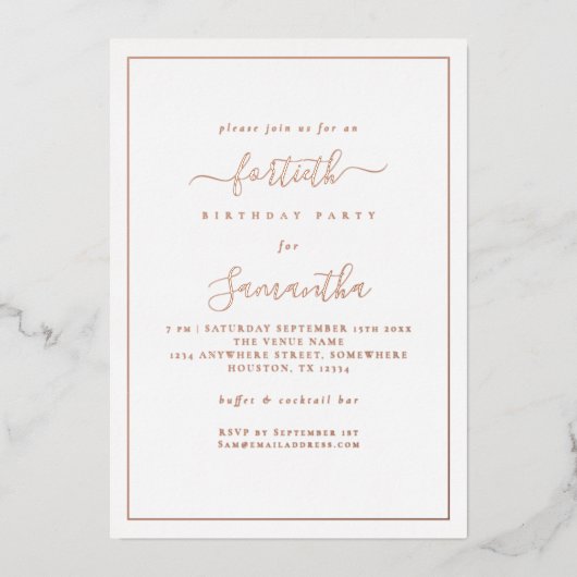 Elegant Script Border 40e verjaardagsfeestje luxe Folie Uitnodiging (Voorkant)