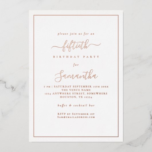 Elegant Script Border 50e verjaardagsfeestje luxe Folie Uitnodiging (Voorkant)