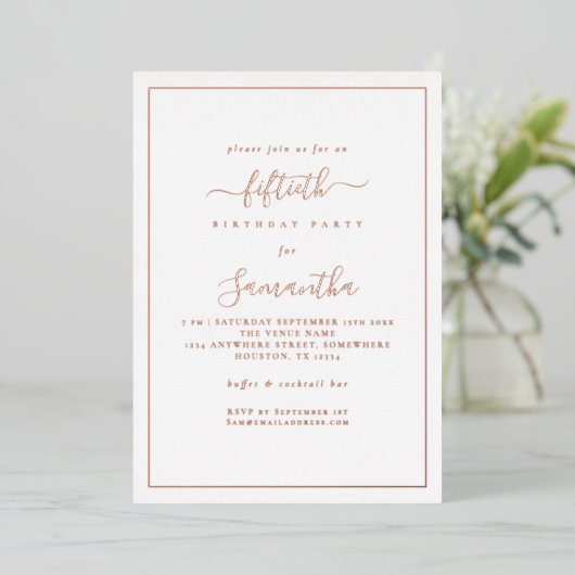 Elegant Script Border 50e verjaardagsfeestje luxe Folie Uitnodiging (Staand Voorkant)