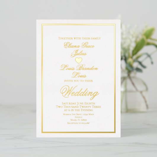 Elegant Script Border Heart Weddenschap geperst Folie Uitnodiging (Staand Voorkant)