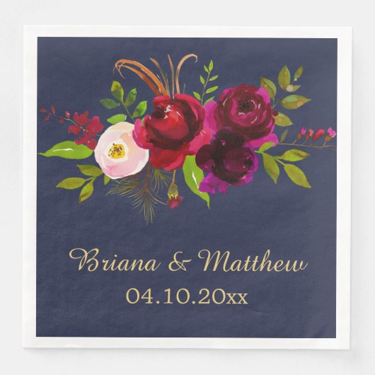Elegant Script Bourgogne Bloemen Navy Blauw Diner Servet (Voorkant)